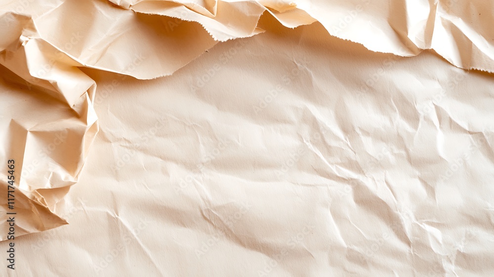 Poster close-up of crumpled beige paper texture with creases and folds, creating a textured background.