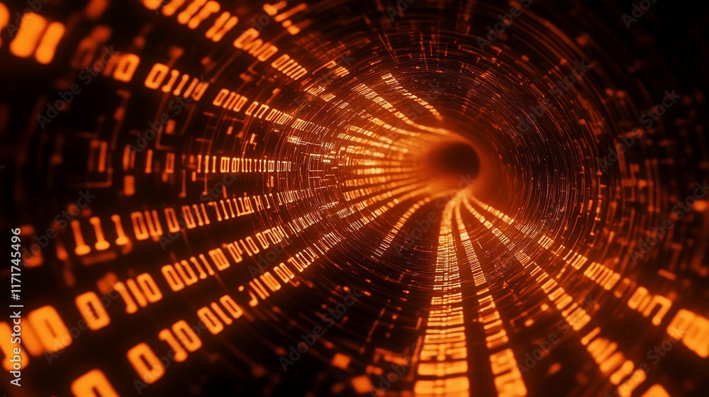 Fototapete Abstract digital tunnel with glowing binary code.