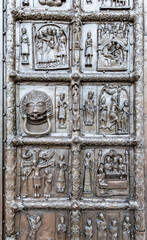 Famous Magdeburg gates. Bronze temple gates of St. Sophia Cathedral in Novgorod, Russia. Snatched by Novgorodians from Swedish town of SIgtuna in 1187