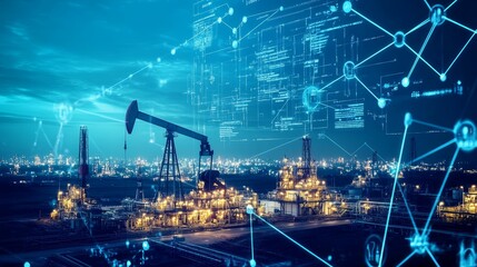 Night industrial complex, digital network overlay.