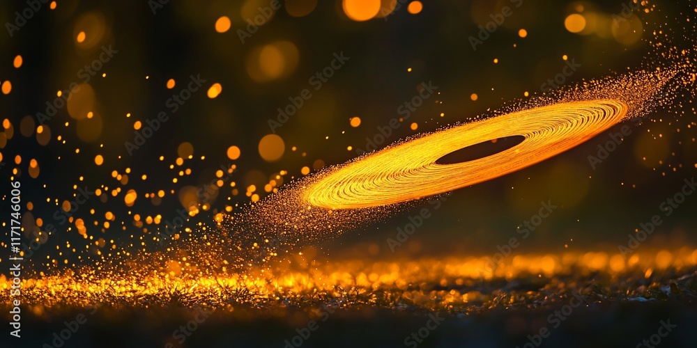 Poster glowing disc levitates above sparkling ground, surrounded by bokeh lights.