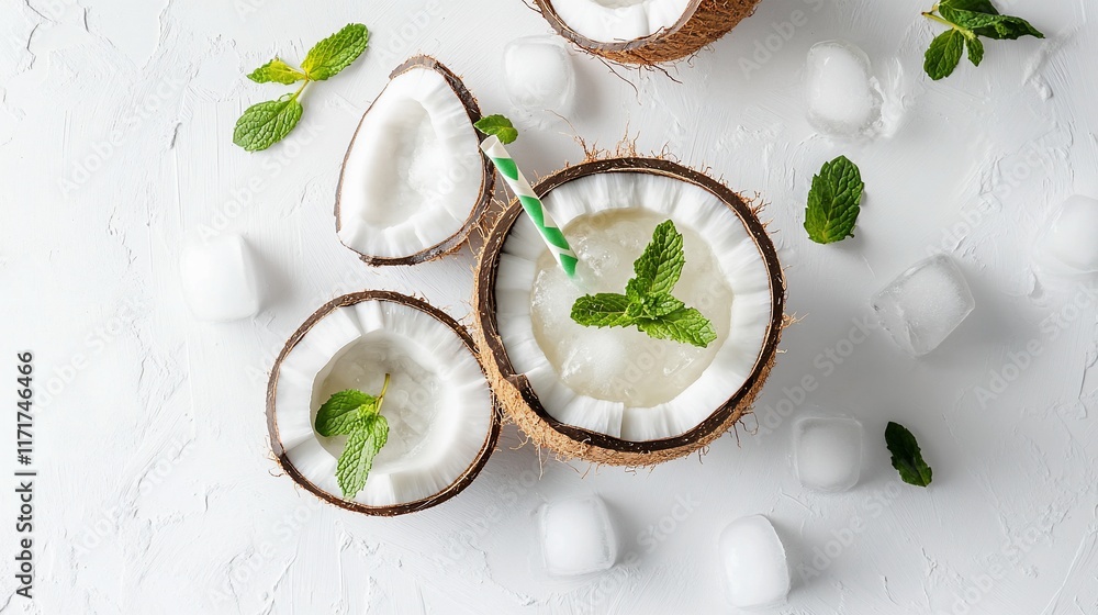 Poster refreshing coconut water drink in coconut shell with ice and mint.