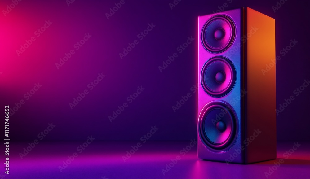 Poster modern three-way speaker illuminated with vibrant neon lighting.