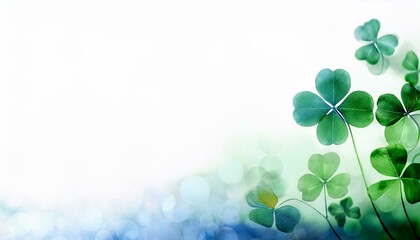 Fresh green clover leaves, 4-leaf shamlock, on white background, watercolor design. St. Patrick's Day concept, for good luck.