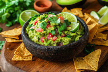 Fresh homemade guacamole with lime and tortilla chips on wooden table.