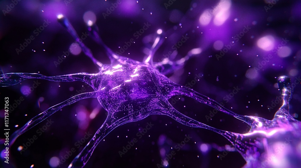 Aufkleber microscopic view of a vibrant purple neuron cell with glowing branches and a dark background.