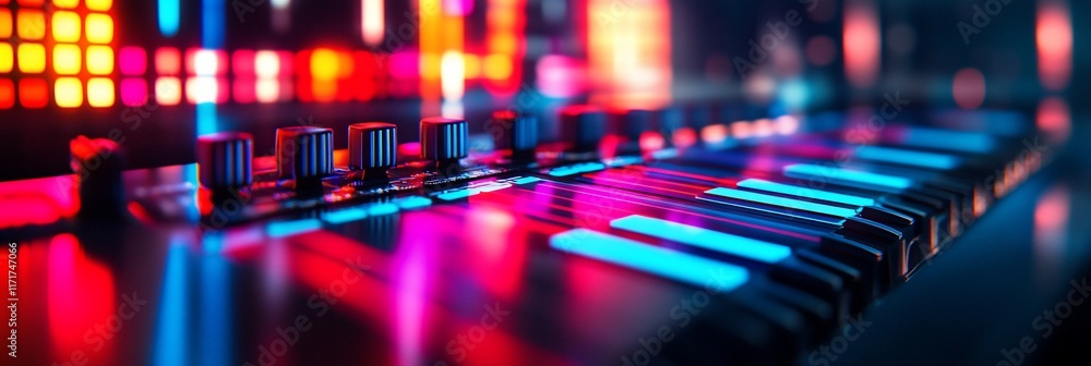 Poster close-up of illuminated synthesizer keys and knobs in vibrant red and blue light.