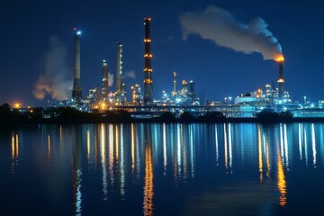 Fototapeta premium Nighttime industrial complex reflects on water.