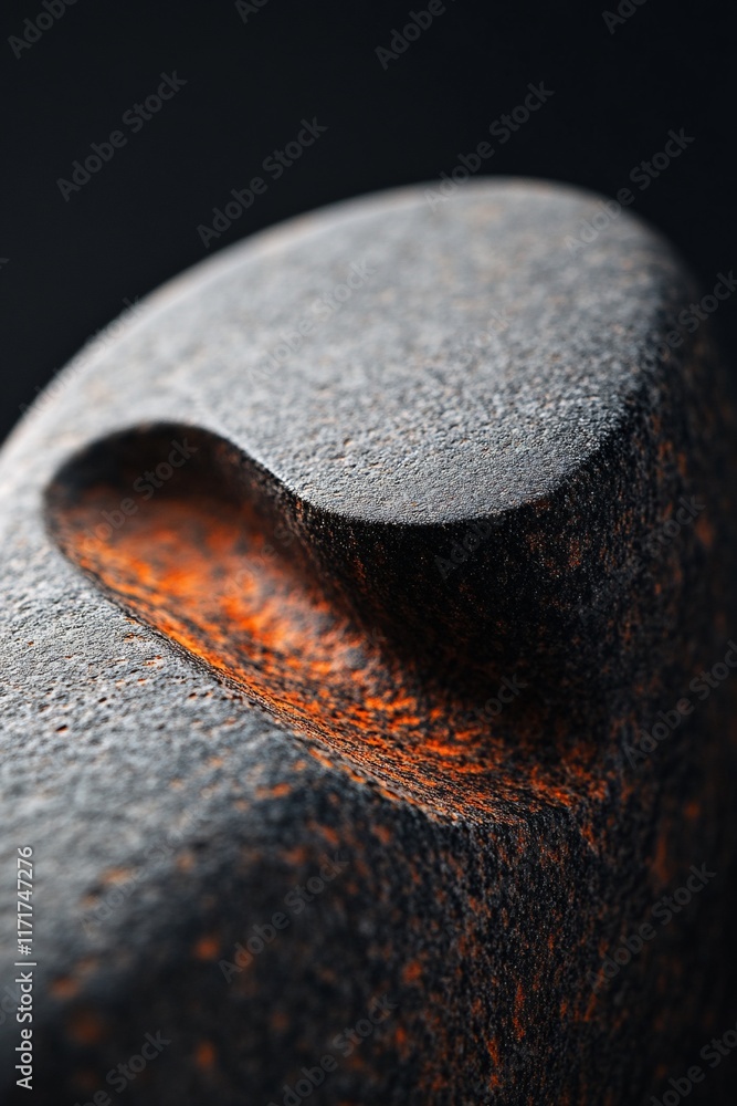 Aufkleber close-up of a rusty, textured, dark gray stone with an orange indentation.