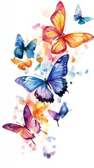 Colorful Butterflies in Watercolor Style on White Background, ideal for decorative, design, and nature-themed projects