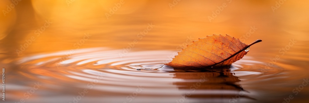 Poster single autumn leaf floats on calm water, creating ripples.