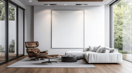 A bright, modern living room interior with a white sofa, leather armchair, and a large blank canvas on the wall. Contemporary interior design, home decor, modern living.