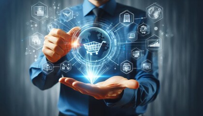 Digital business interface, holographic shopping cart icon, data analytics charts, glowing light in hands, businessman in blue shirt, futuristic technology, e-commerce concept, dark office background,