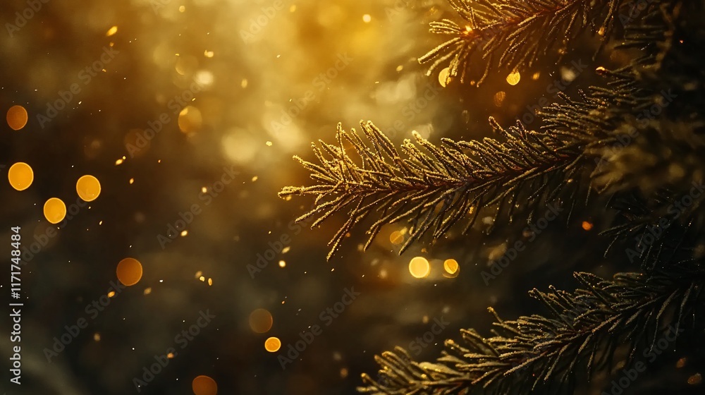 Poster close-up of a frosted pine branch with bokeh lights and falling snow in warm tones.