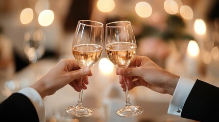 Two people clink glasses of sparkling wine, celebrating a special moment with a warm and festive atmosphere in the background.