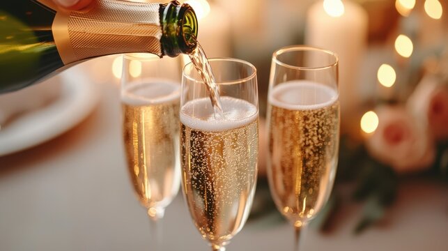 A hand pours champagne into flutes, surrounded by candles and festive decorations, creating a warm, celebratory atmosphere. - Powered by Adobe