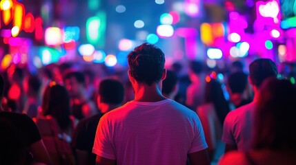 Naklejka premium A vibrant, urban scene featuring a crowd of people illuminated by colorful neon lights, creating a lively and energetic atmosphere.