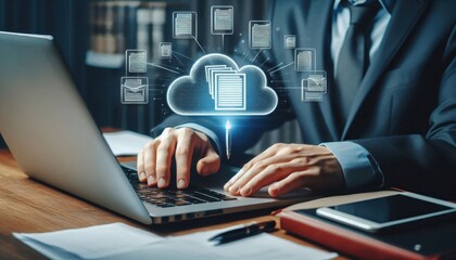Hands typing on laptop keyboard, holographic cloud computing icons floating above, dark office setting, futuristic technology concept, blue glowing digital symbols, cybersecurity visualization, close-