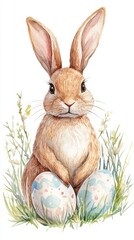Obraz premium Watercolor Easter Bunny Illustration on White Background, ideal for Easter greeting cards, gift wraps, and spring-themed designs