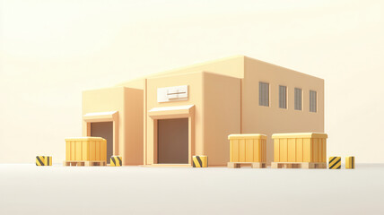 A minimalist warehouse design featuring large storage containers and a neutral color palette.
