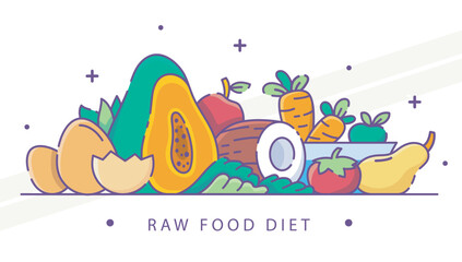 Illustration related to the raw food diet including raw fruits and vegetables