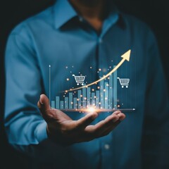Digital business interface, holographic shopping cart icon, data analytics charts, glowing light in hands, businessman in blue shirt, futuristic technology, e-commerce concept, dark office background,