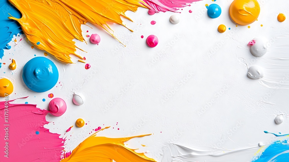 Poster colorful paint splashes and blobs forming a frame on white background.