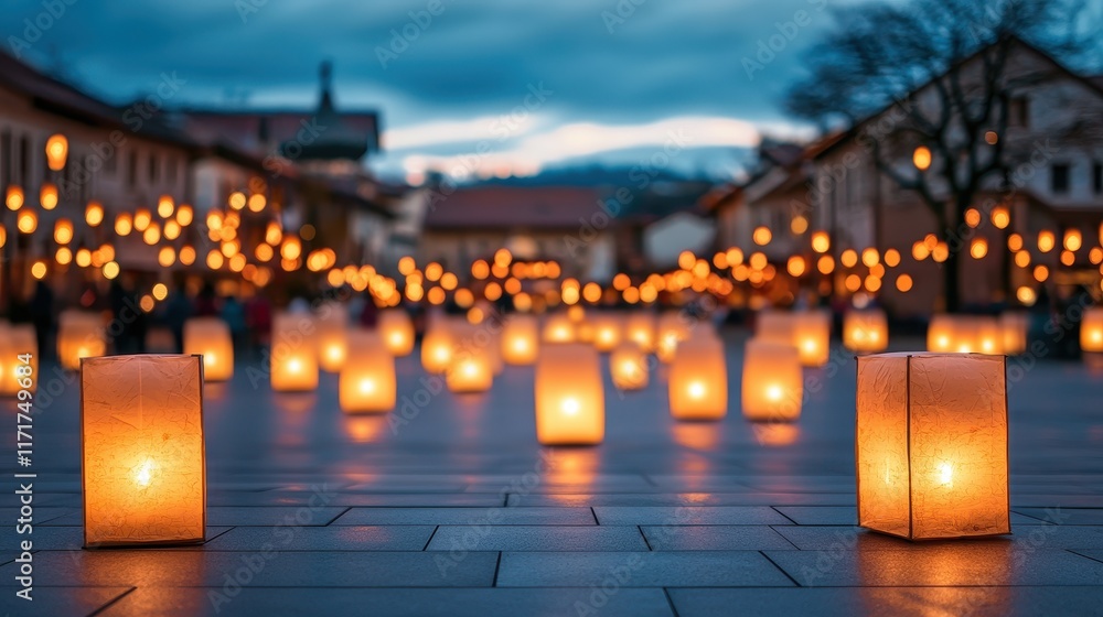 Poster a serene evening scene featuring glowing lanterns lining a street, creating a warm and inviting atmo