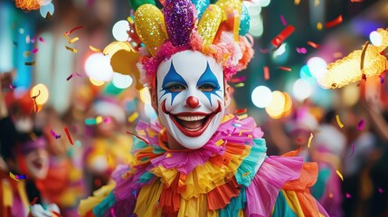 A joyful clown in vibrant costume, surrounded by colorful confetti, embodies the festive spirit of celebration and fun.