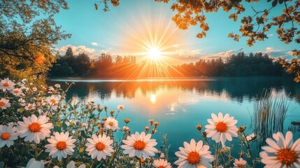 Obraz premium colorful wildflowers in bloom, mirror in a tranquil lake under a sunny sky, a scenic setting with space for text