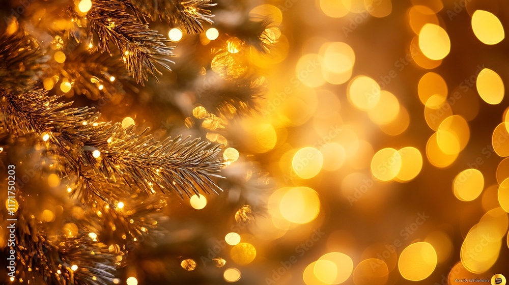 Poster Close-up of a golden Christmas tree with warm bokeh lights.