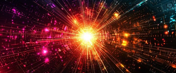 Obraz premium Abstract digital tunnel with vibrant light streaks and glowing particles.