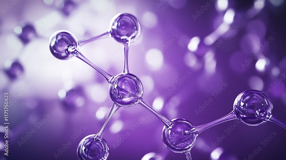 Poster abstract 3d rendering of interconnected molecules in vibrant purple hues.
