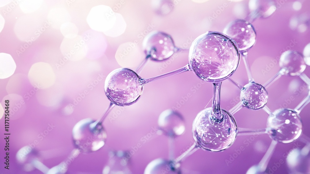 Poster Abstract 3D rendering of a molecule structure with transparent atoms connected by bonds, set against a blurred pink background.