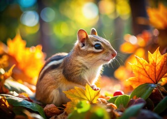 Adorable chipmunk candidly captured in its forest home. A charming nature photograph.