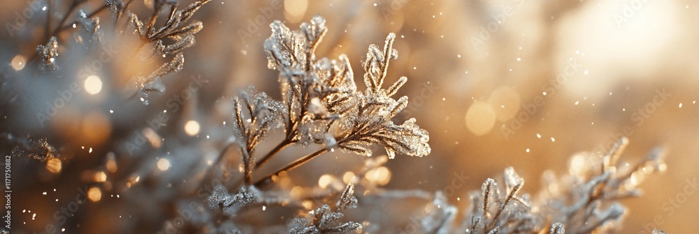 Poster close-up of a frost-covered branch with bokeh background, showcasing winter's delicate beauty.