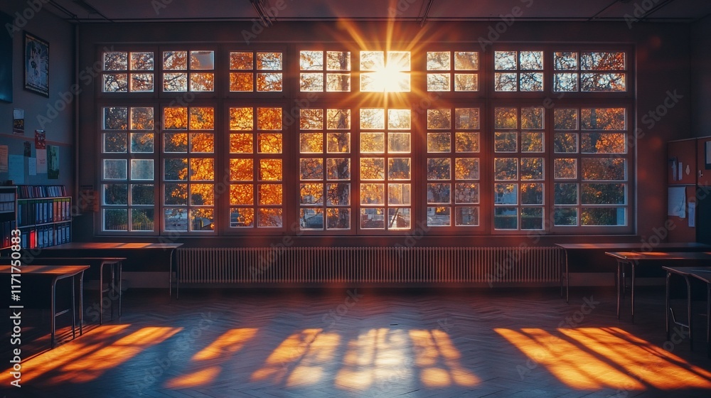 Leinwandbilder sunlight streams through a large window in an empty classroom, illuminating the room with warm light
