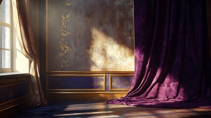 Sunlit Room With Purple Curtains And Gilded Walls