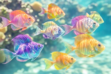 Fototapeta premium A surreal scene of whimsical fish in vibrant rainbow colors, floating in crystal-clear ocean water, showcasing their unique shapes and intricate details with coral reefs in the background.