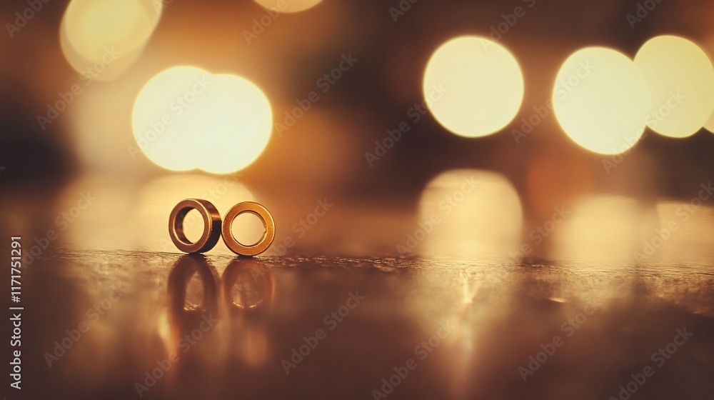Poster two small metallic rings on reflective surface with bokeh background.