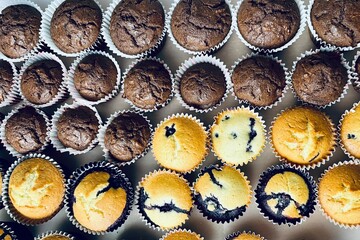 lots of muffins in paper cups, chocolate and with berries, gluten-free, stand on a plastic tray. top view. holiday food