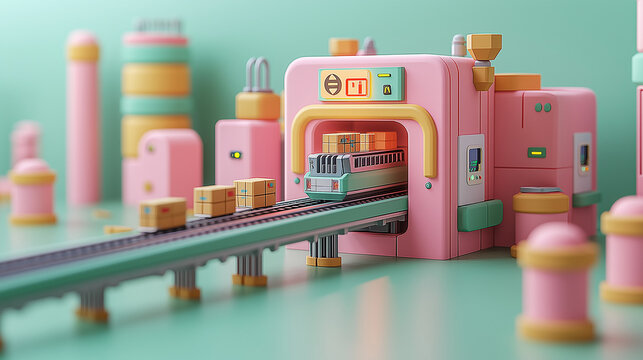 Miniature Factory: A whimsical 3D rendering of a miniature factory, featuring a pastel color palette and playful design elements.
