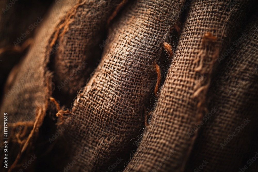 Poster close-up of worn, brown burlap fabric with frayed edges, showing texture and weave.