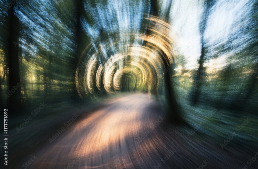 Poster abstract forest path with motion blur effect, sunlight filtering through trees creating a dreamy, su