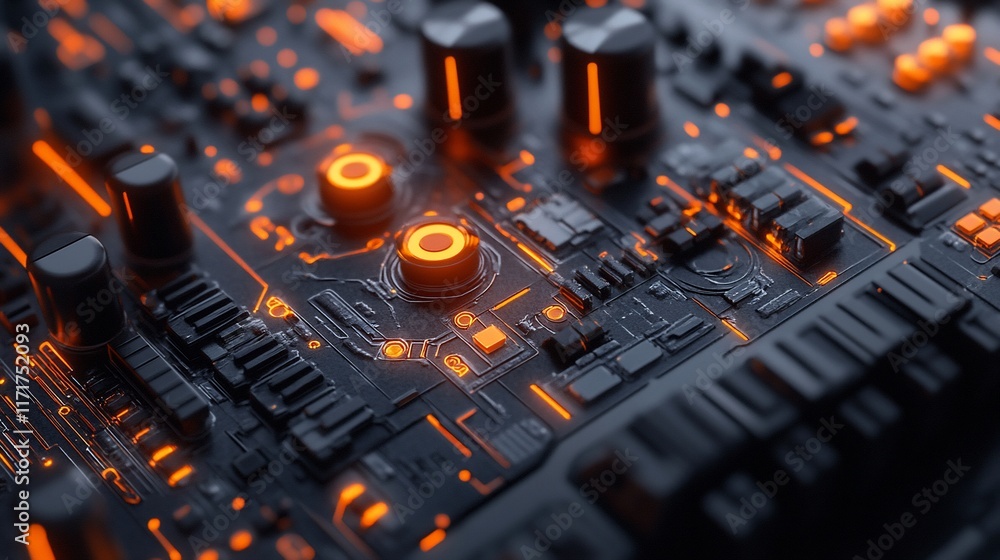 Poster close-up of a futuristic circuit board with glowing orange components.