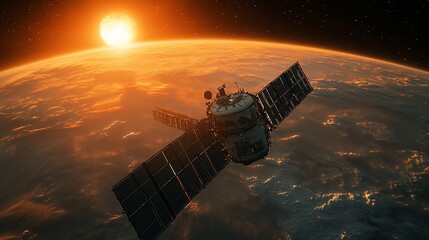 Satellite orbiting Earth during a fiery sunset.