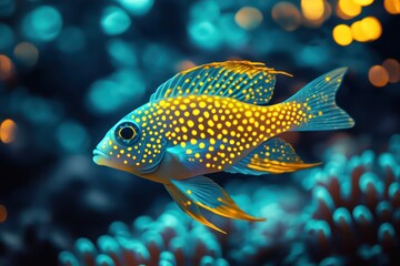 Fototapeta premium Abstract glowing fish with vivid yellow and teal patterns, blending into illuminated coral surroundings.