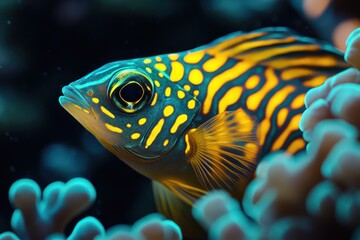 Fototapeta premium Abstract glowing fish with vivid yellow and teal patterns, blending into illuminated coral surroundings.