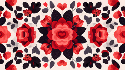 Red and Pink Roses and Hearts in Geometric Floral Design