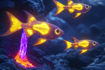 Naklejka premium Angular fish with glowing, arrow-shaped bodies and fins in shades of citrine yellow and amethyst purple, swimming near a volcanic vent.